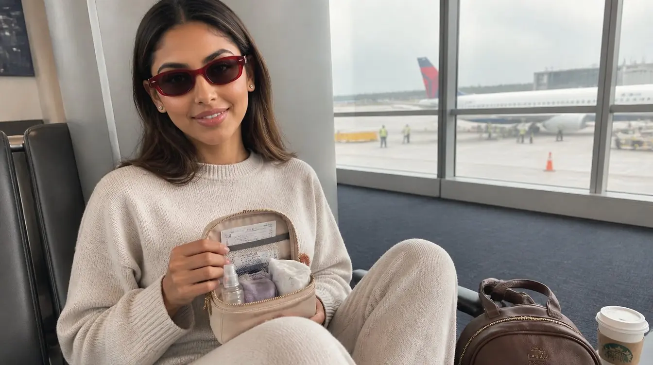 Kaira air travel beauty kit shown at an airport gate with the open carry-on pouch