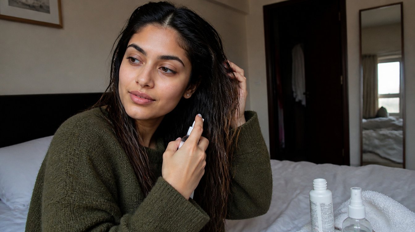 Kaira illustrating low porosity hair routine in a candid home photograph
