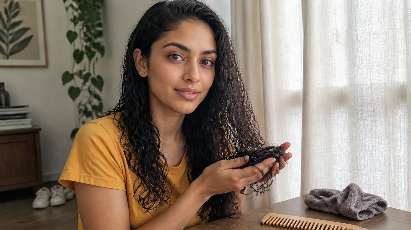 Kaira illustrating make curly hair beautiful and frizz-free in a candid home photograph