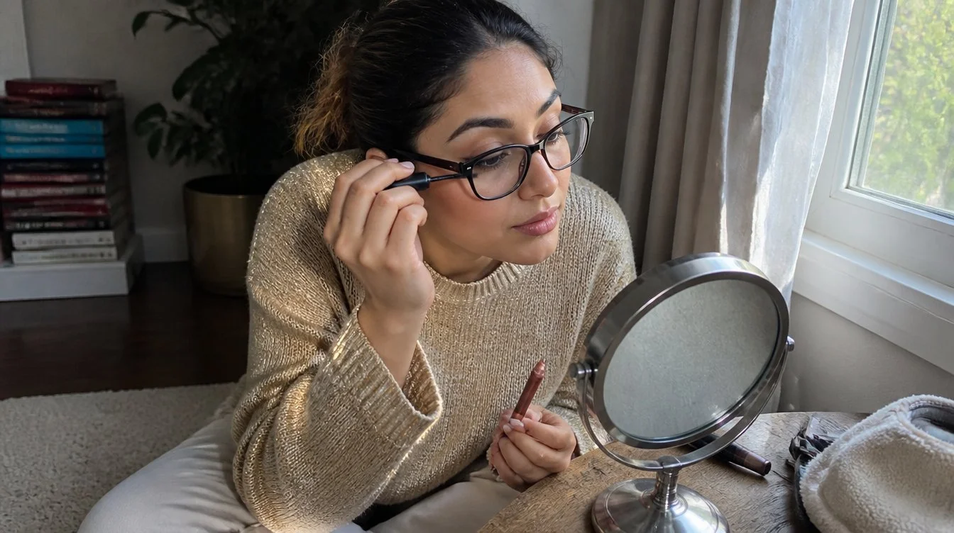 Kaira illustrating makeup for glasses in a candid home photograph