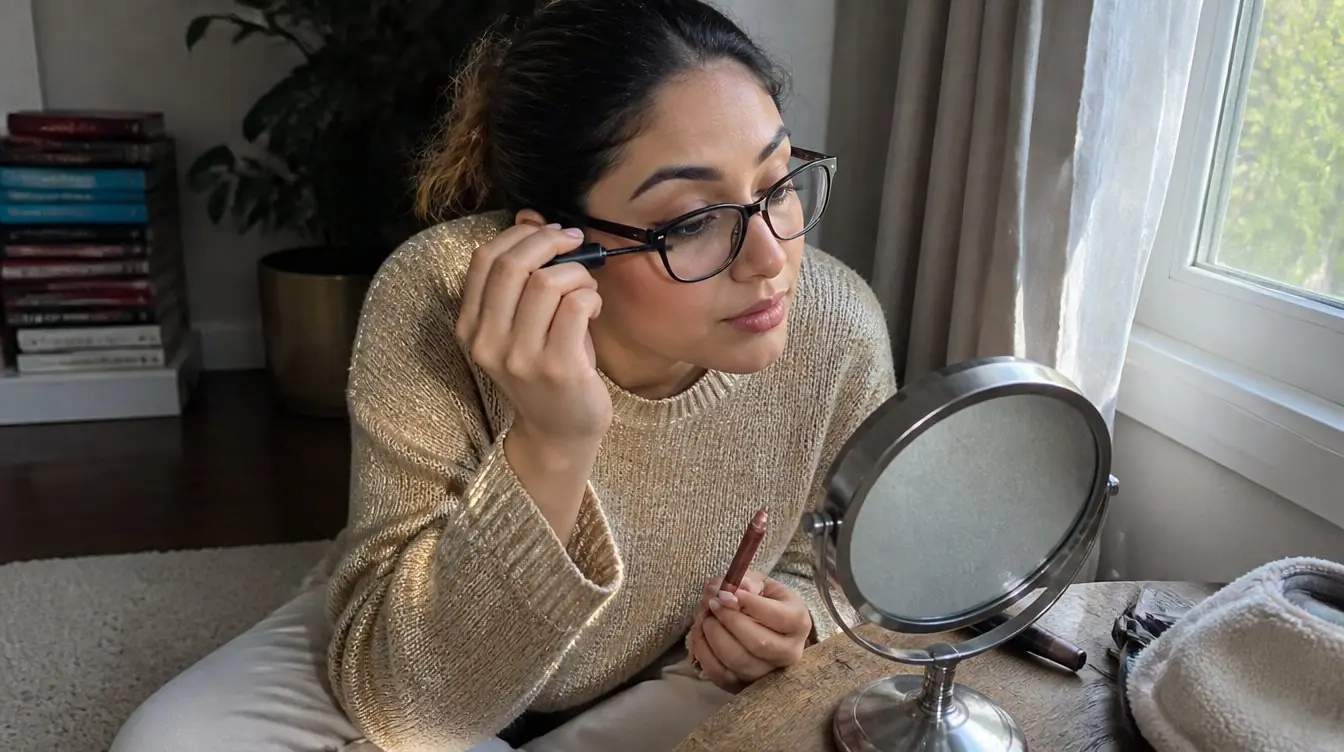 Kaira illustrating makeup for glasses in a candid home photograph