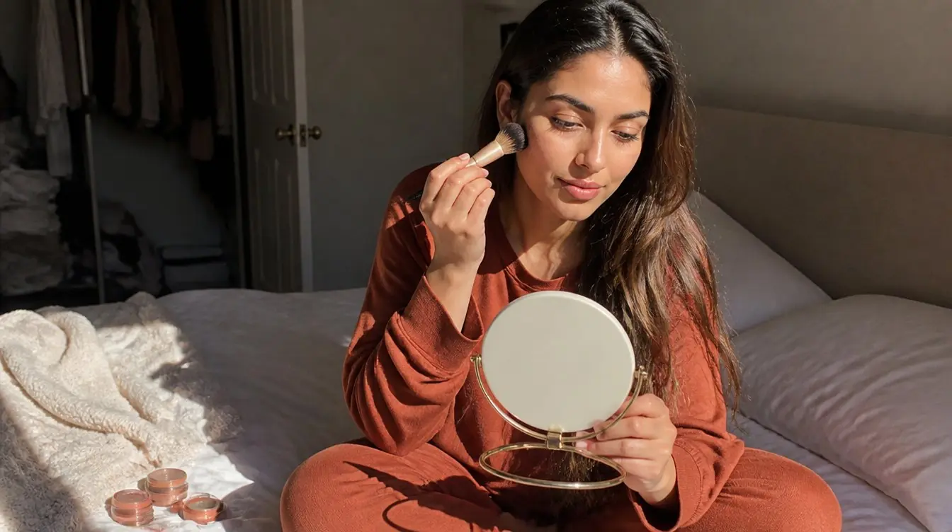 Kaira illustrating makeup in a candid home photograph
