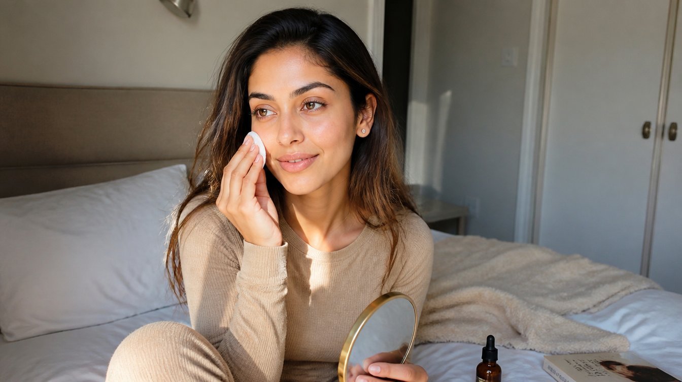 Kaira illustrating mandelic acid for dark skin in a candid home photograph
