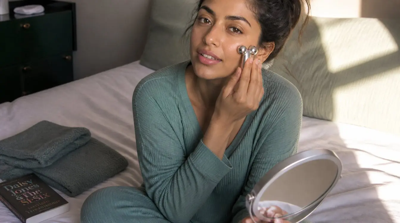 Kaira illustrating microcurrent facial in a candid home photograph