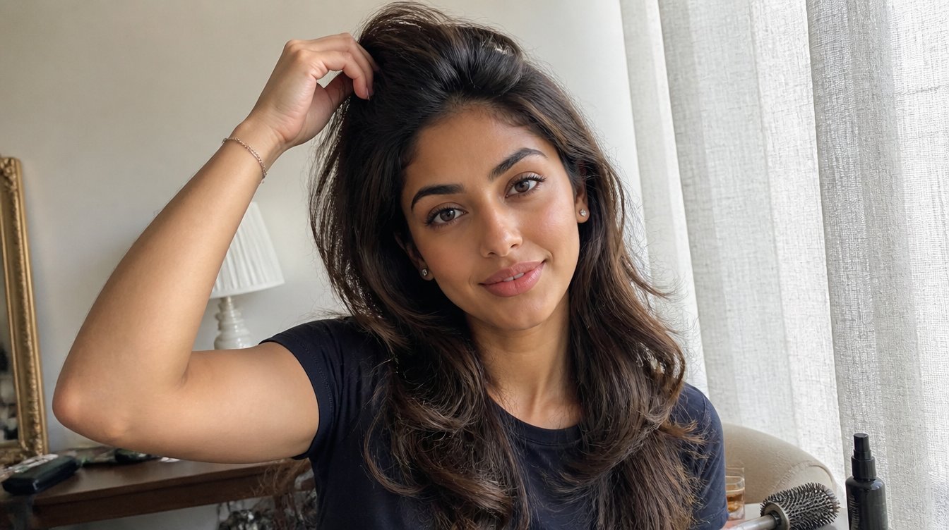 Kaira illustrating mob wife hair in a candid home photograph