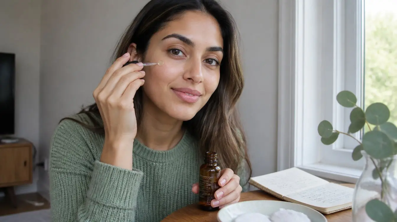 Kaira illustrating pdrn skincare expert tips in a candid home photograph