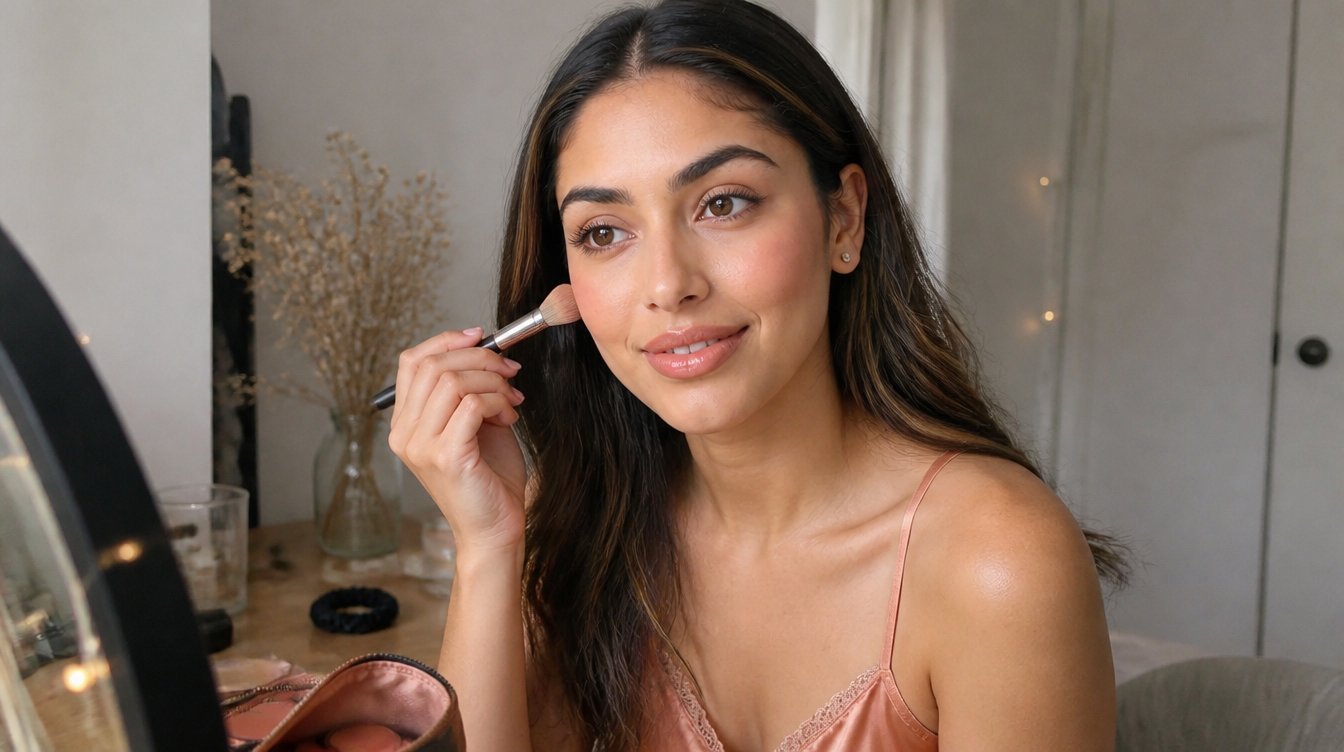 Kaira applying soft warm peach blush at a sunlit vanity, illustrating the 2026 peach makeup trend