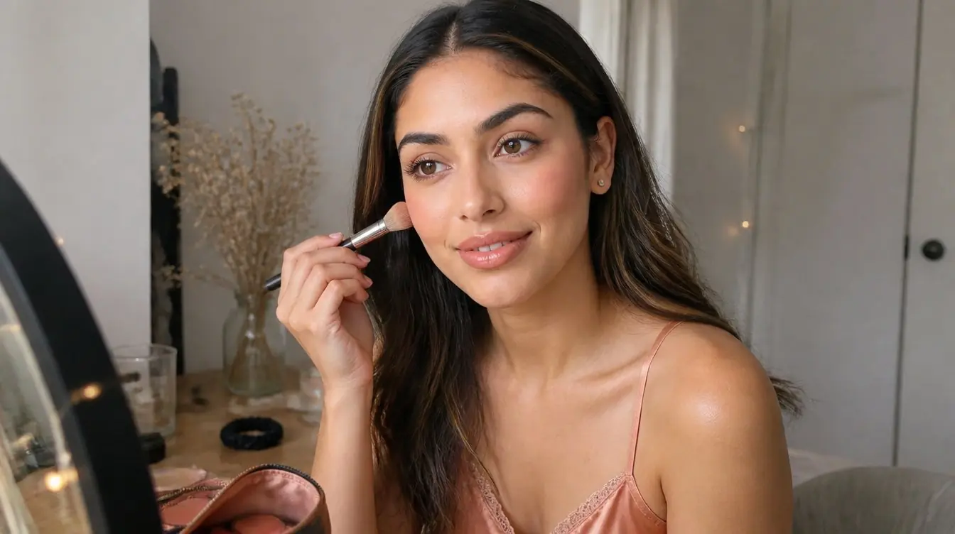 Kaira applying soft warm peach blush at a sunlit vanity, illustrating the 2026 peach makeup trend