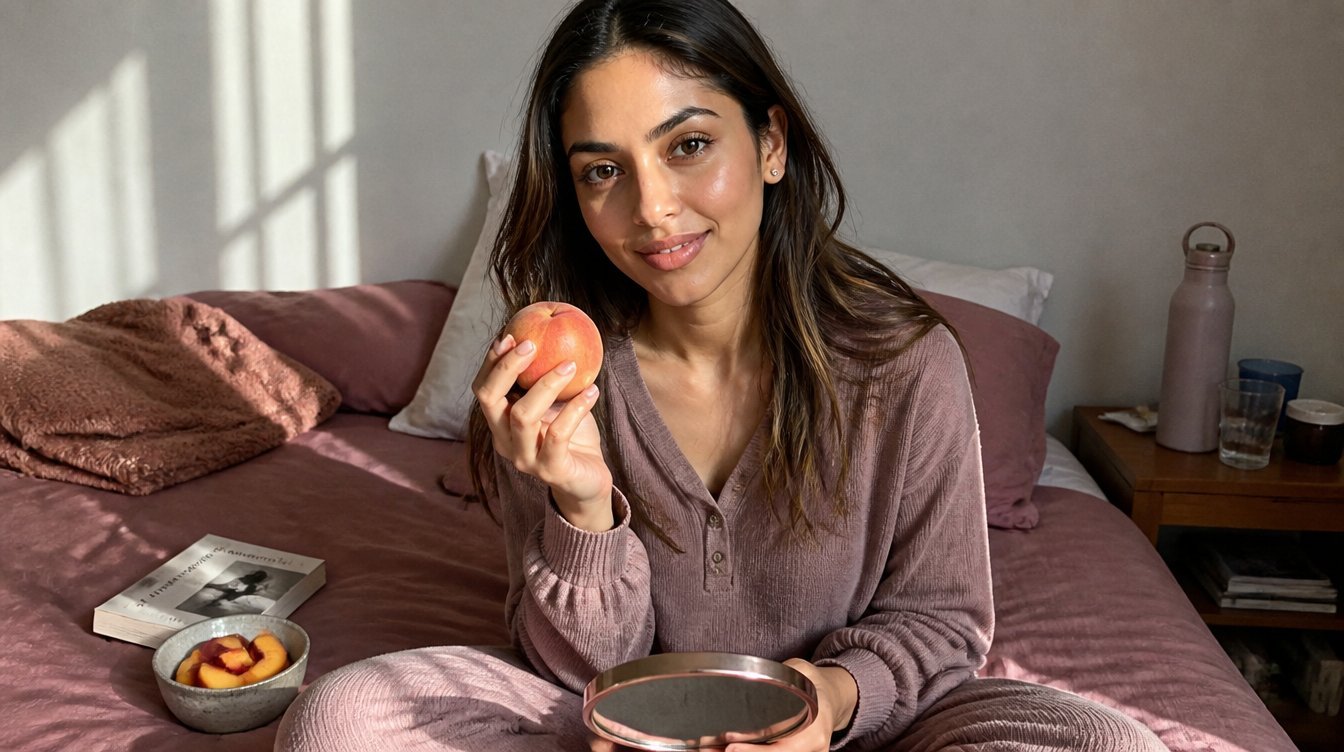 Kaira illustrating Peaches for Health & Beauty in a candid home photograph