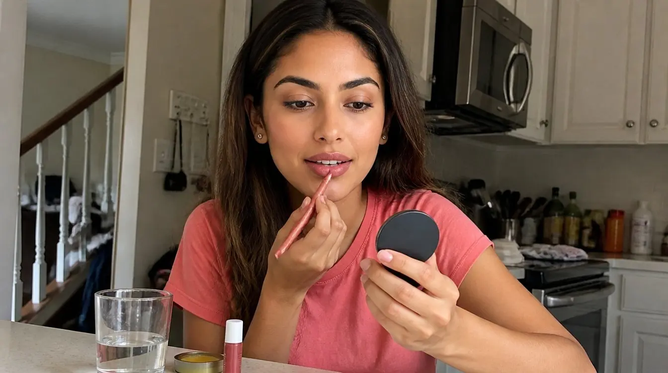 Peptide lip liner being applied at a sunlit vanity with cream blushes and a small mirror