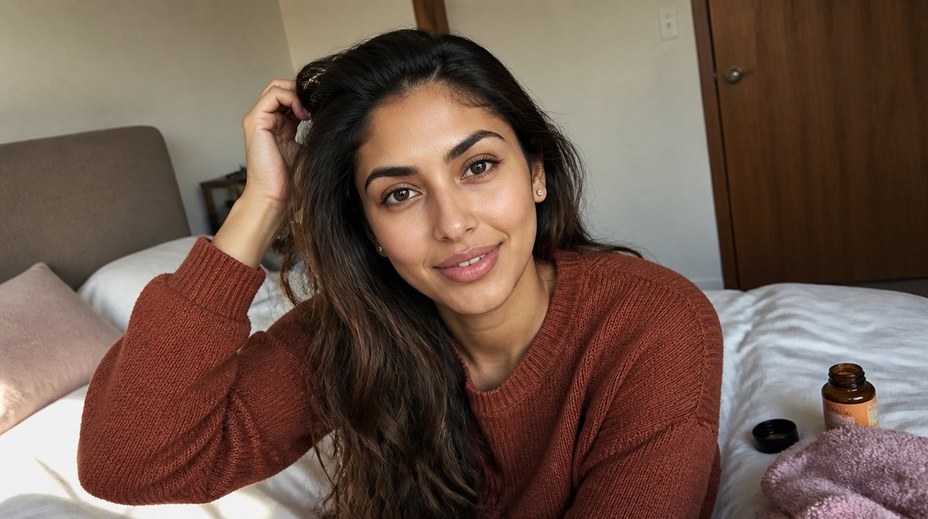 Kaira in a candid home photograph related to hair care