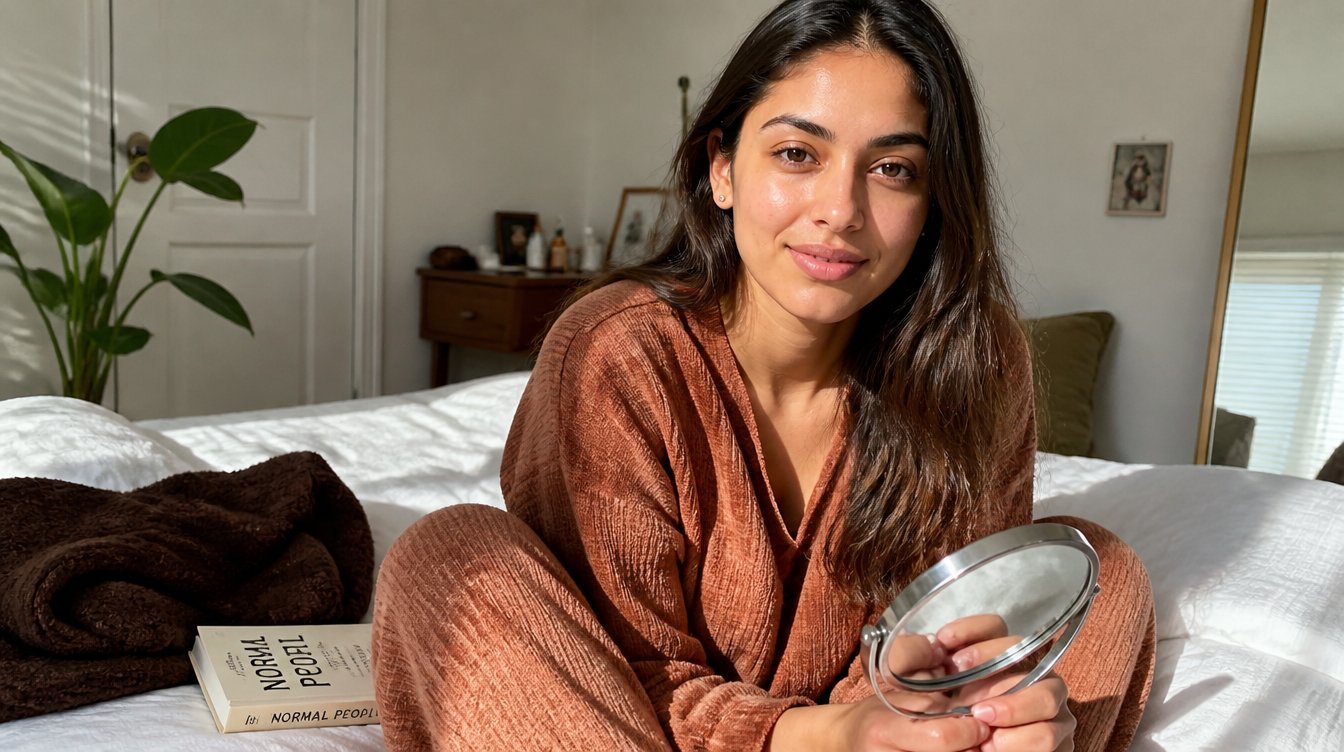 Kaira in a candid home photograph related to skin care