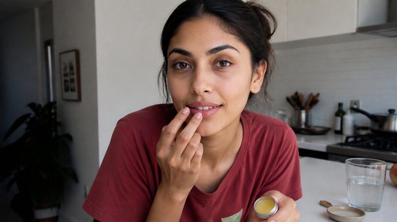 Kaira in a candid home photograph related to lip care