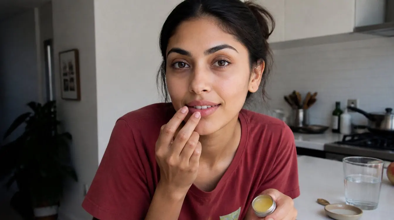 Kaira in a candid home photograph related to lip care