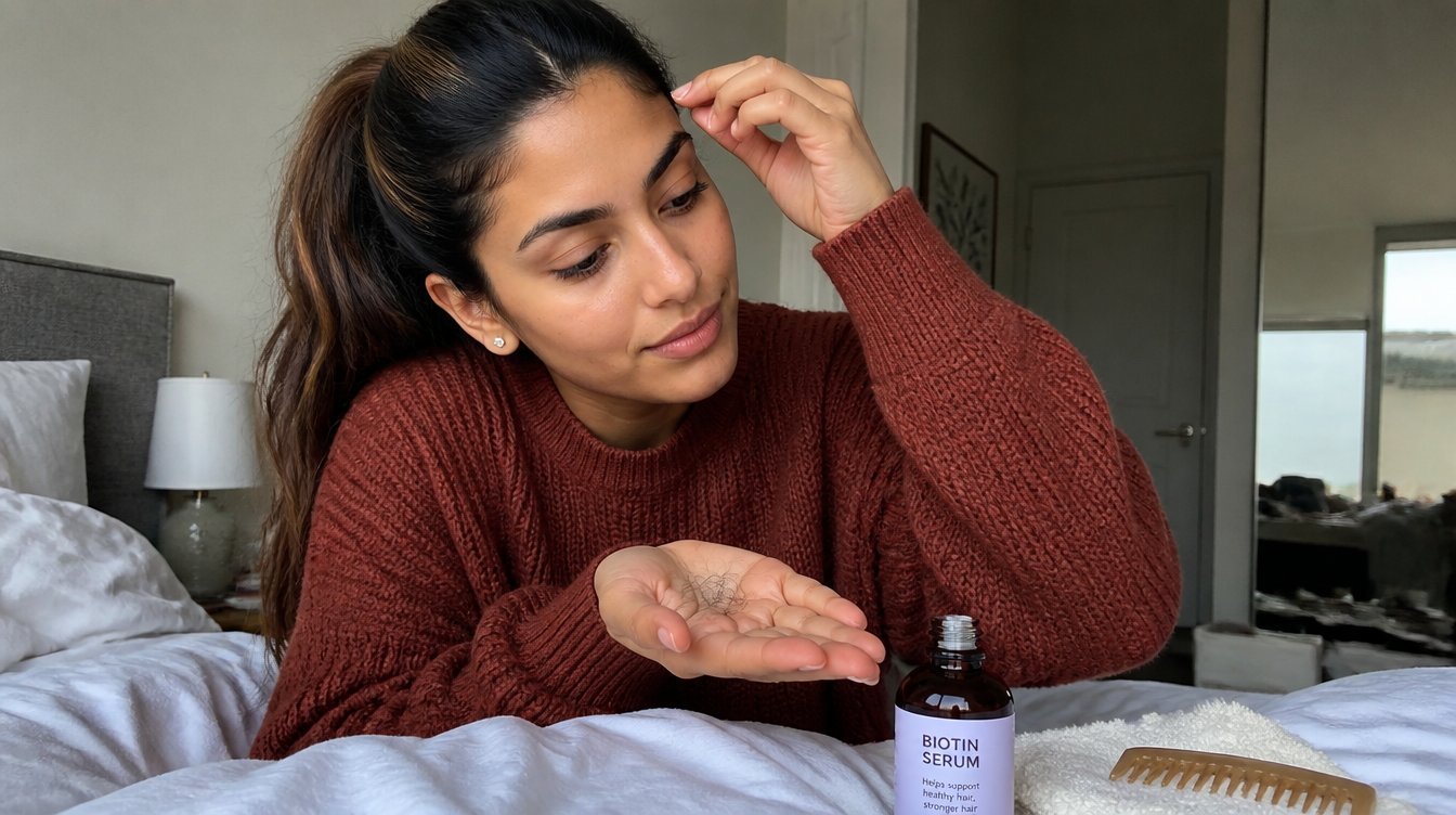 Kaira illustrating postpartum hair shedding in a candid home photograph