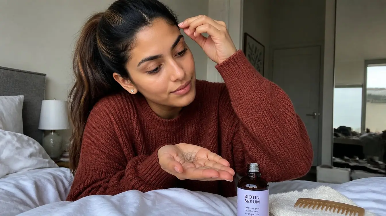 Kaira illustrating postpartum hair shedding in a candid home photograph