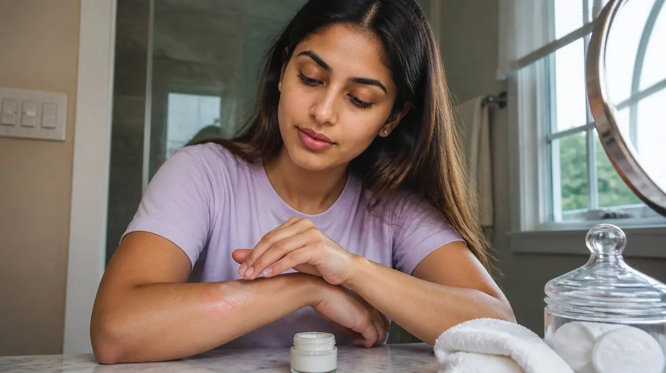 Kaira illustrating psoriasis skincare routine in a candid home photograph