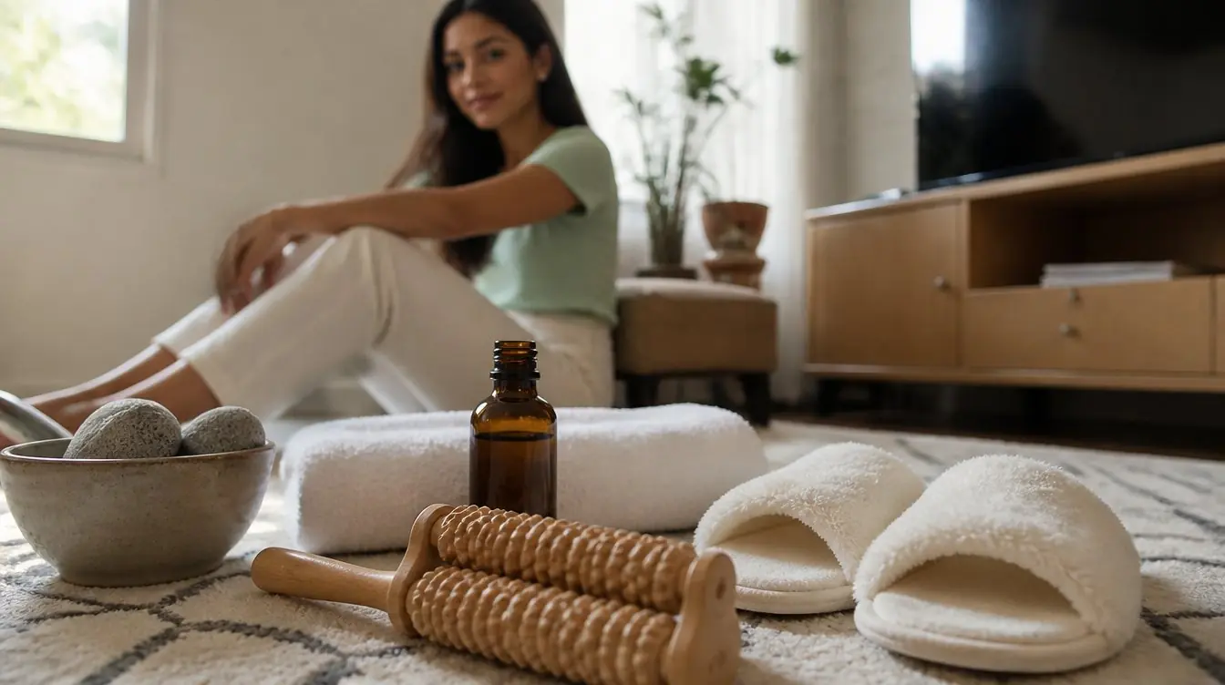Kaira illustrating reflexology foot massage in a candid home photograph