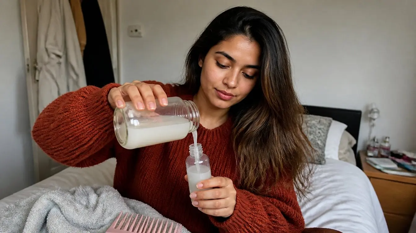Kaira illustrating rice water in a candid home photograph