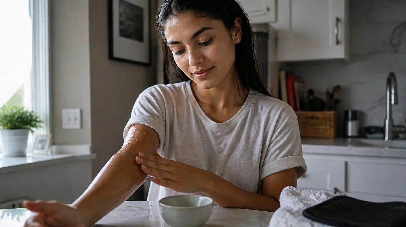 Kaira illustrating self tanners in a candid home photograph