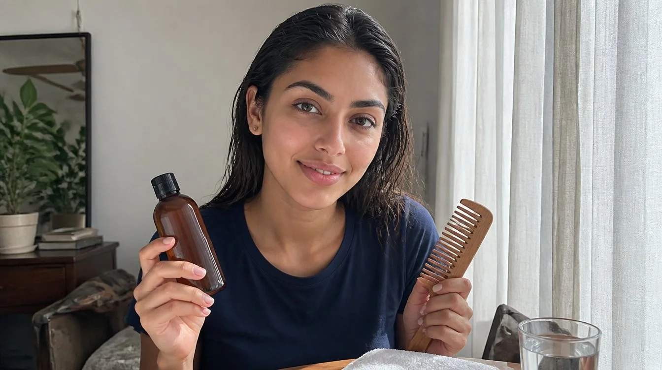 Kaira illustrating shampoo in a candid home photograph