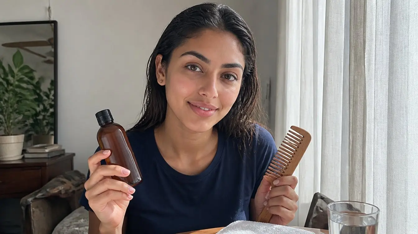 Kaira illustrating shampoo in a candid home photograph