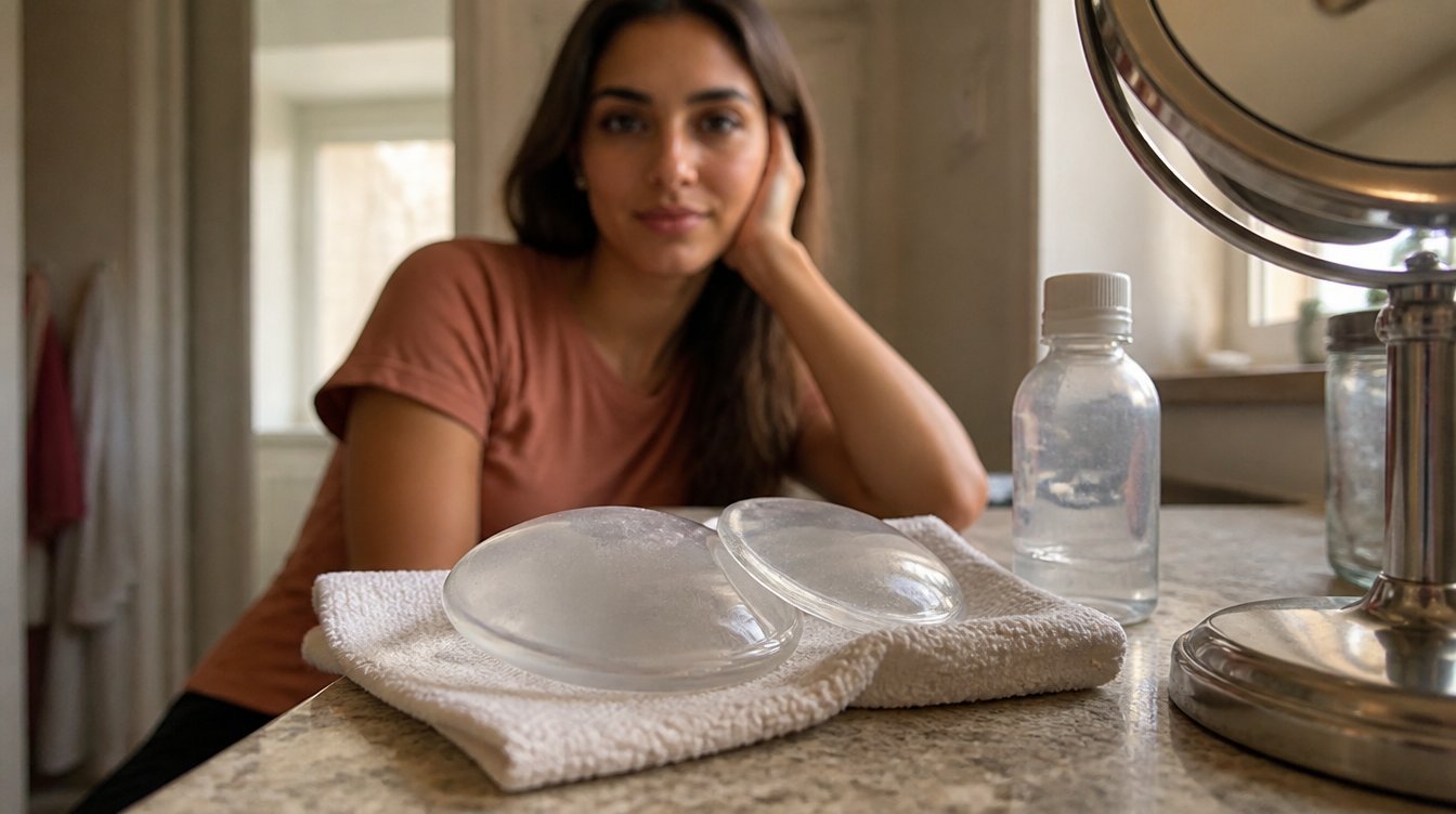 Kaira illustrating silicone chest pads in a candid home photograph