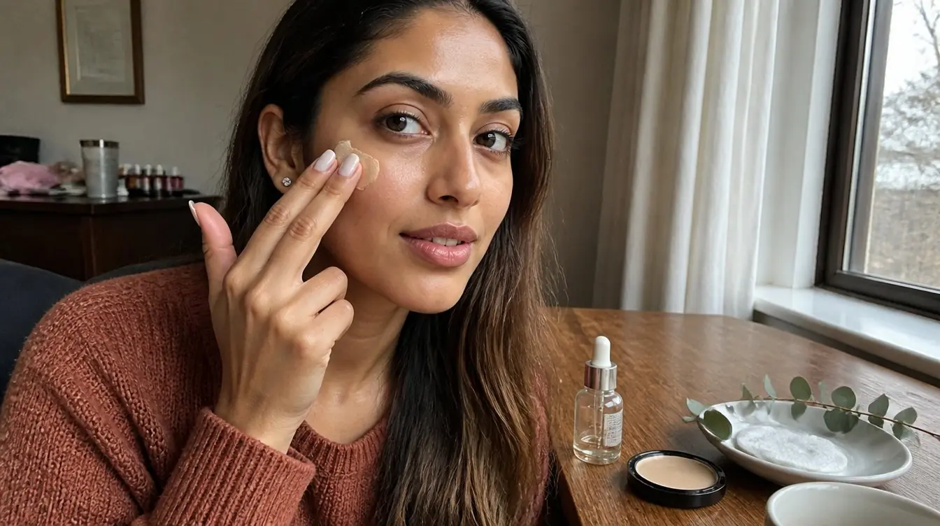 Kaira illustrating skincare-infused makeup in a candid home photograph