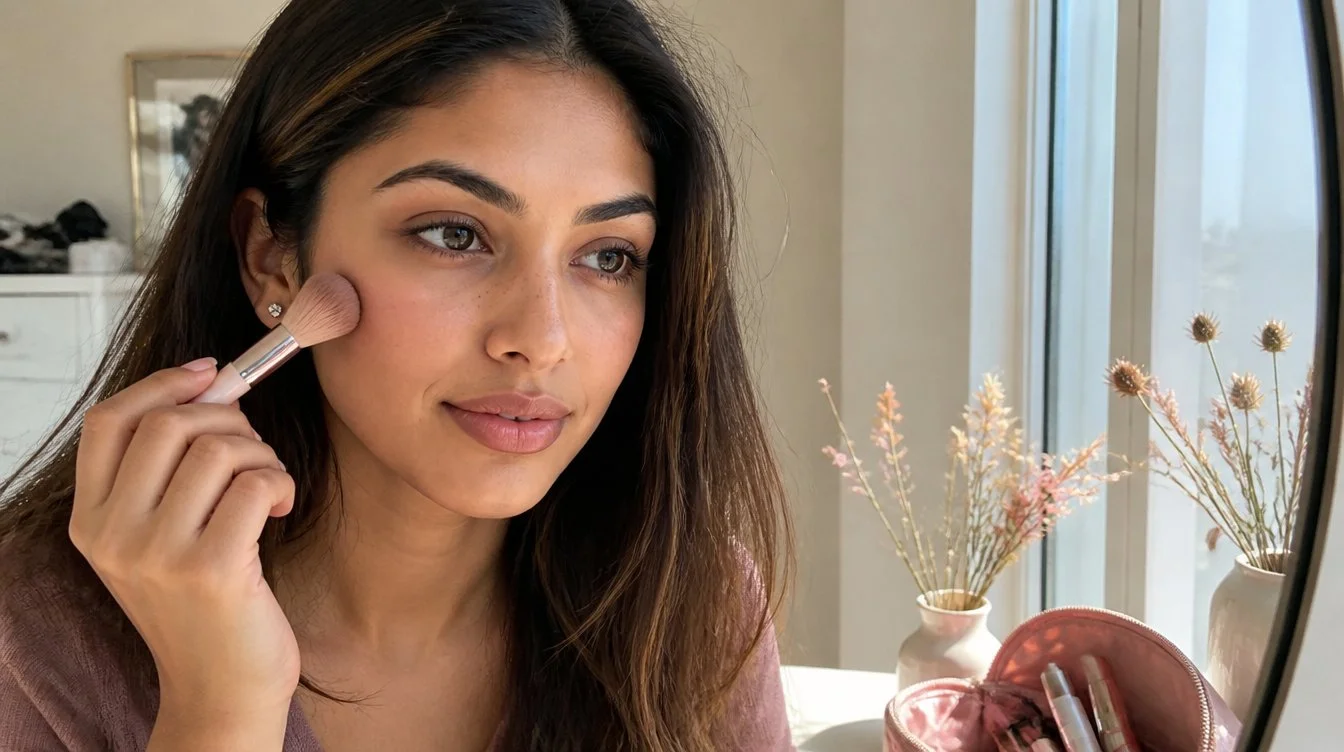 Kaira illustrating soft whimsical makeup trend taking over Pinterest in 2026 in a candid home photograph