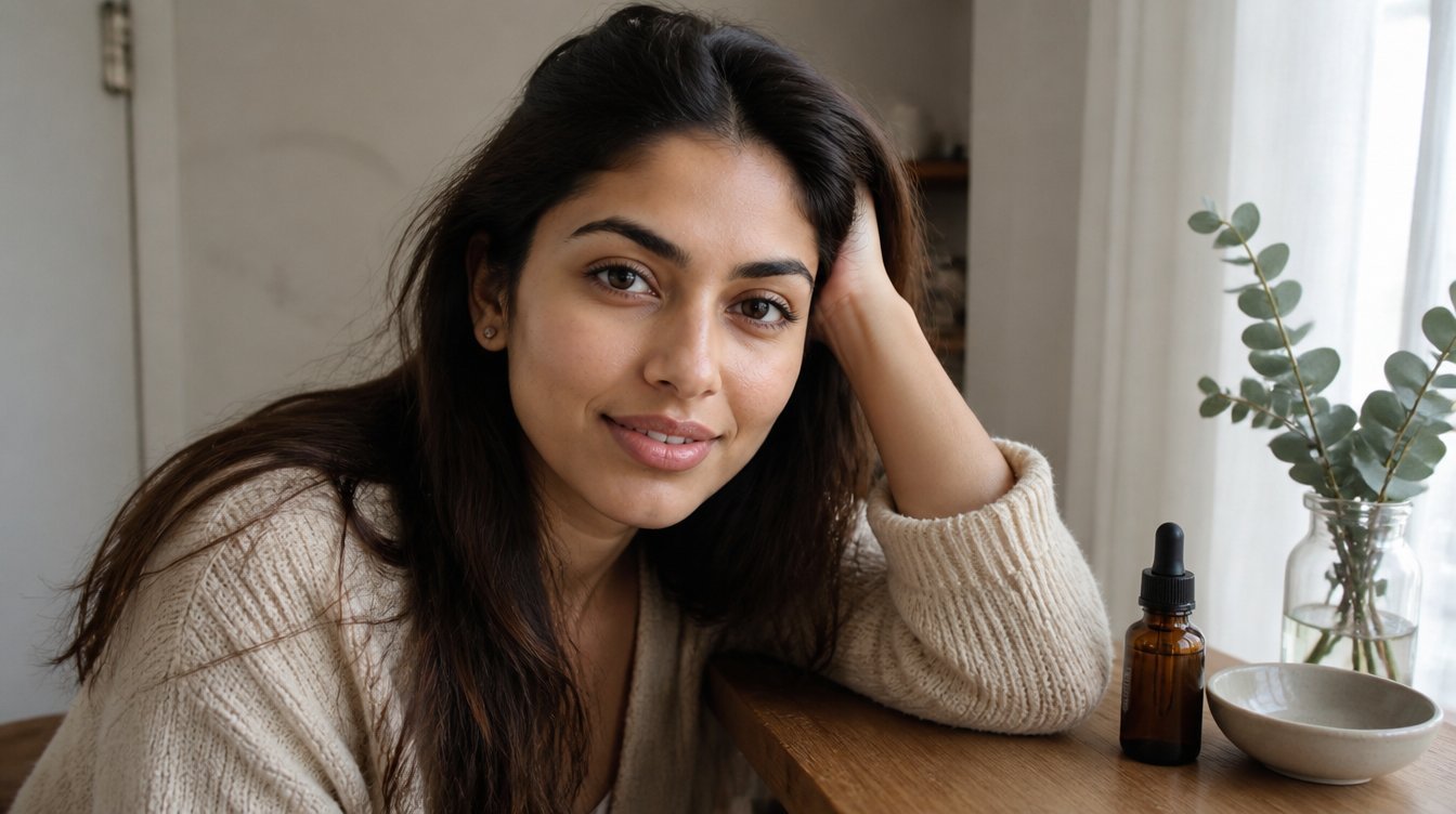 Kaira illustrating stress and skin in a candid home photograph
