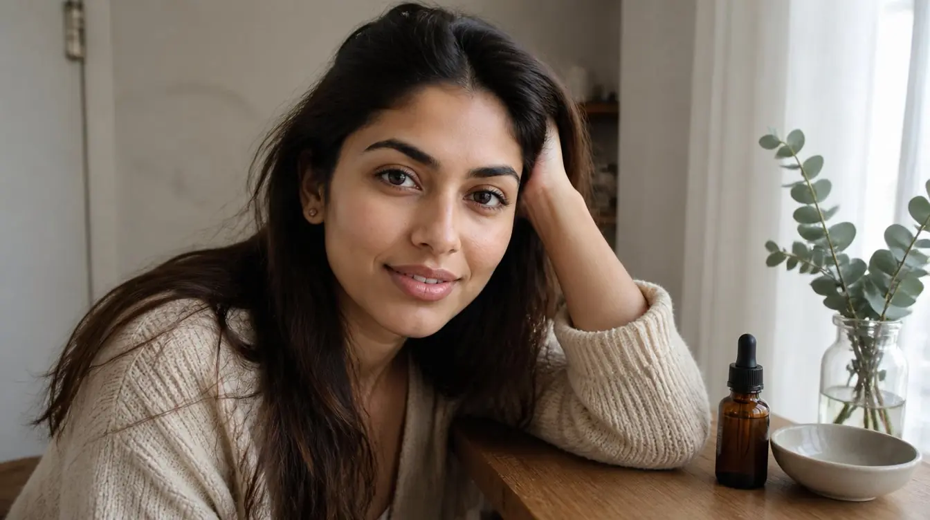 Kaira illustrating stress and skin in a candid home photograph