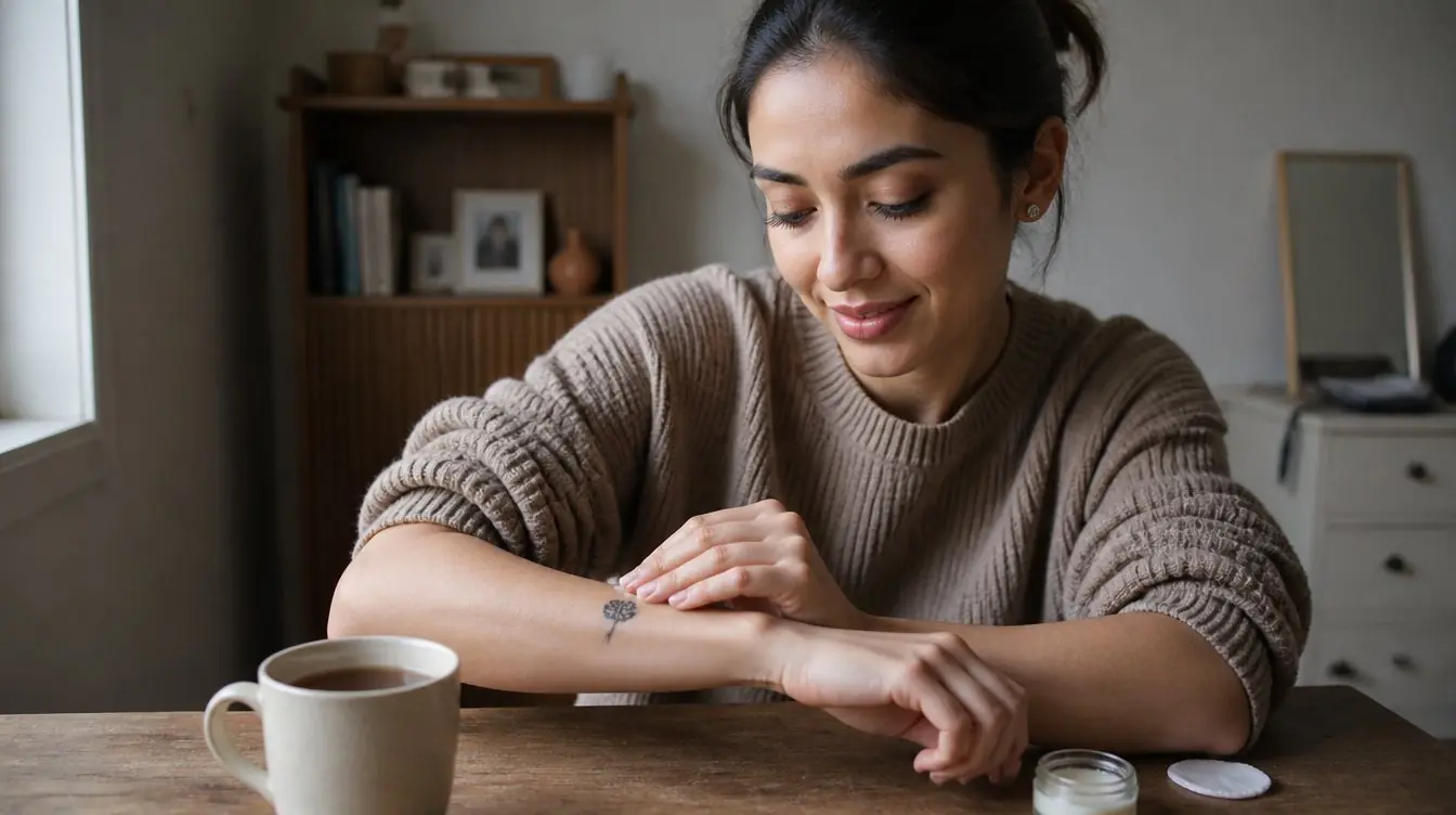 Kaira illustrating tattoo in a candid home photograph