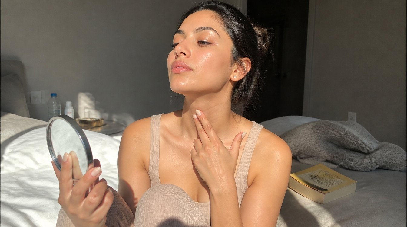 Kaira illustrating tighten saggy neck skin in a candid home photograph
