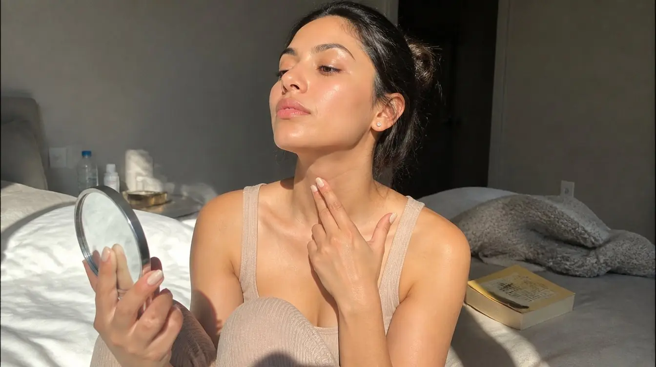 Kaira illustrating tighten saggy neck skin in a candid home photograph