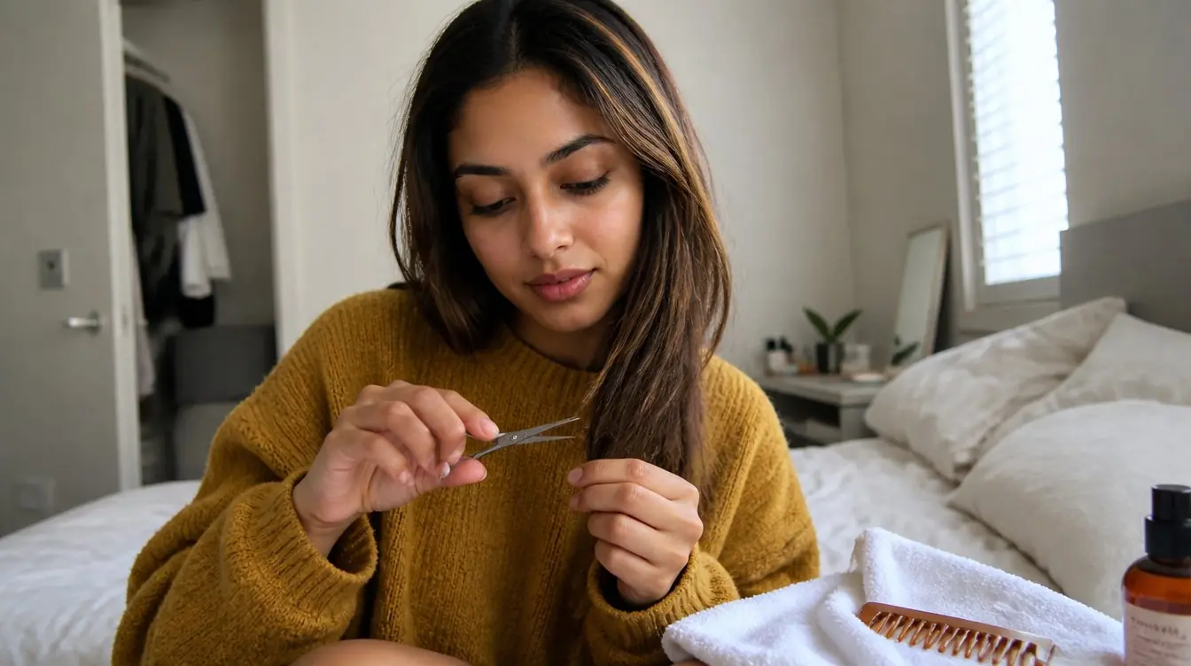 Kaira illustrating trim split ends regularly in a candid home photograph