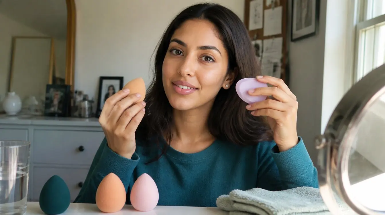 Kaira illustrating types of makeup sponges in a candid home photograph