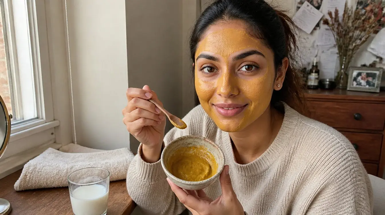 Kaira illustrating ubtan facemask in a candid home photograph