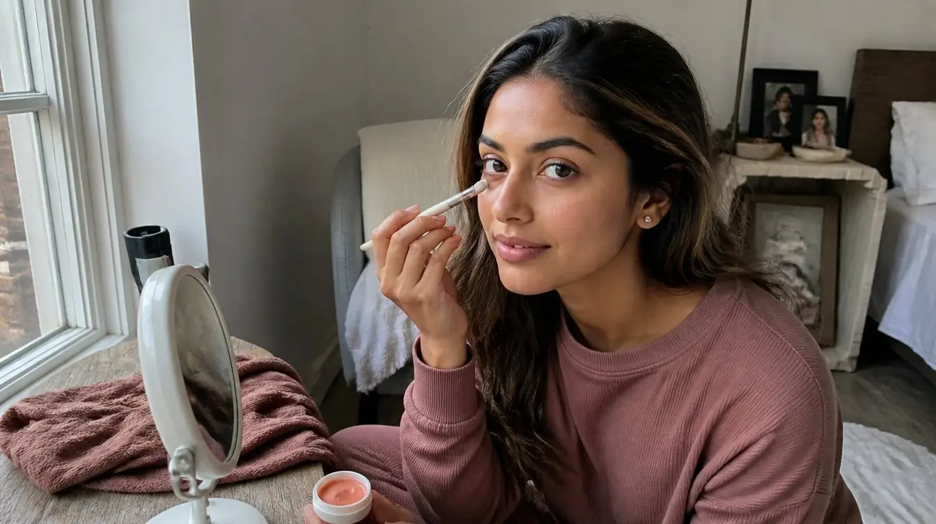 Under eye blush being blended onto the cheekbone at a sunlit window with a fluffy brush