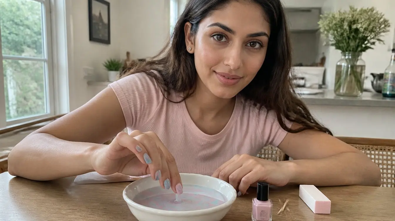 Kaira illustrating water marble nail in a candid home photograph