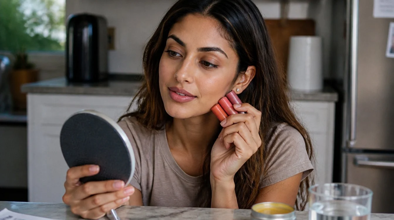 Kaira illustrating What lip color suits you best according to the tone of your hair in a candid home photograph
