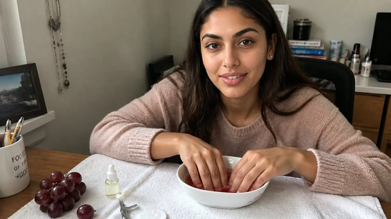 Kaira illustrating wine therapy manicure in a candid home photograph