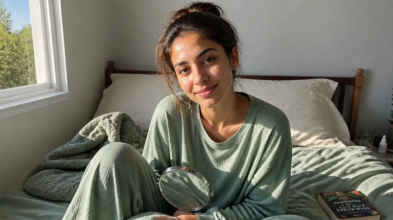 Kaira illustrating wrinkles and acne scars in a candid home photograph