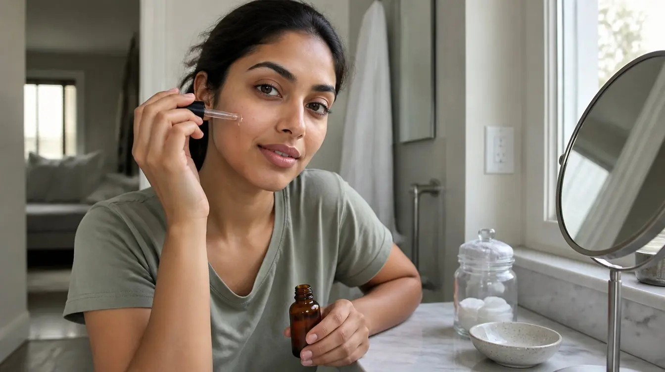 Niacinamide serum being applied at a sunlit bathroom counter
