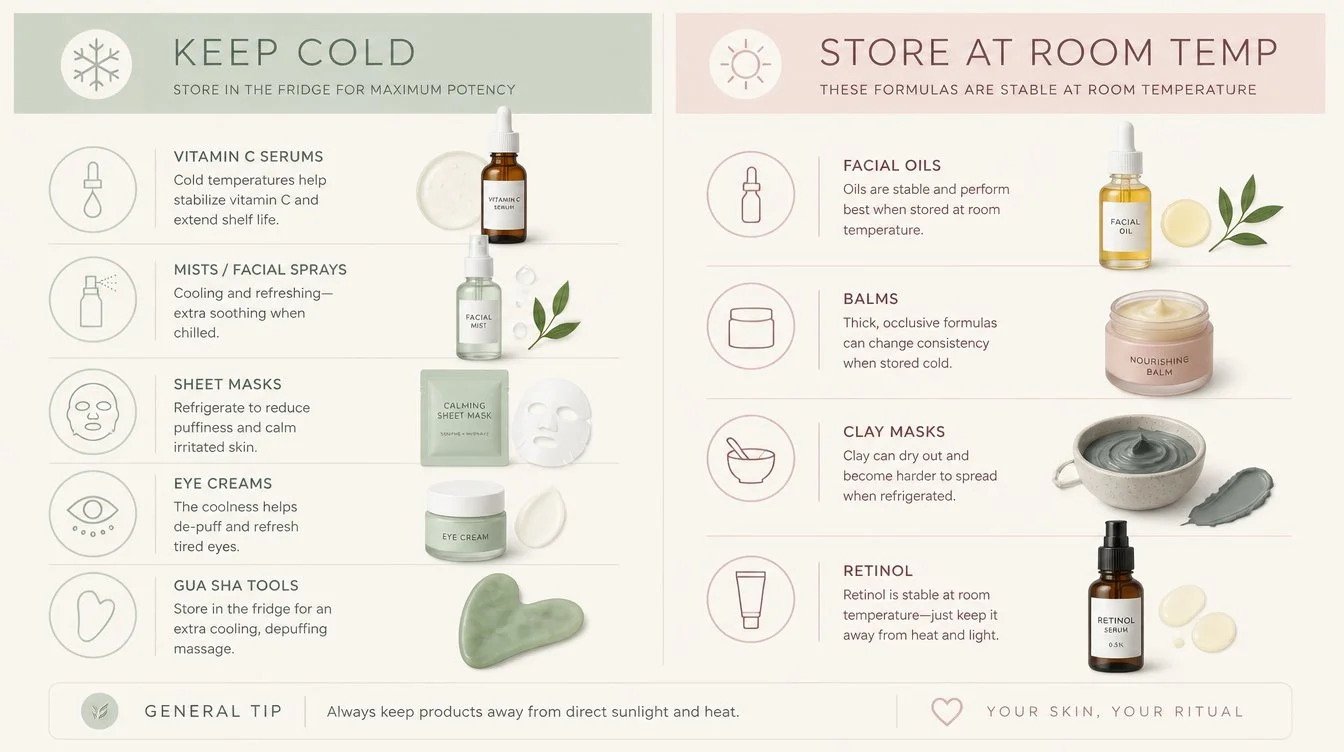 Flat editorial infographic split into two columns labelled keep cold and store at room temp showing skincare items in each group with thin sans-serif labels and a muted cream sage and blush palette