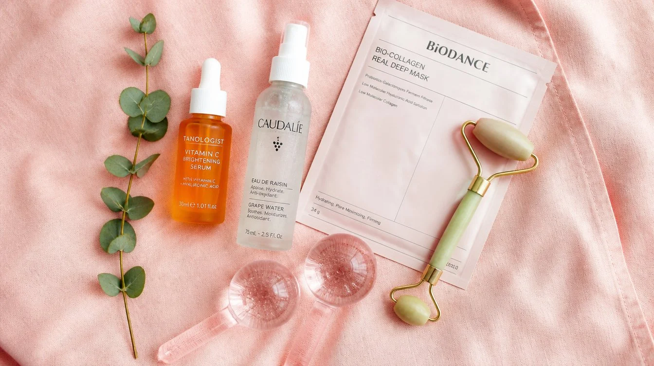 Overhead flat-lay of beauty fridge essentials including a vitamin C serum bottle, hydrating mist, folded sheet mask, jade roller, two ice globes and a sprig of eucalyptus arranged on a soft pink linen backdrop