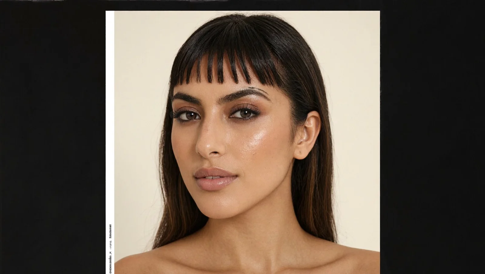 Young woman wearing bottleneck bangs with shorter piecey strands across the brow and longer side pieces swept softly out to the cheekbones, dewy minimal makeup, cream studio backdrop