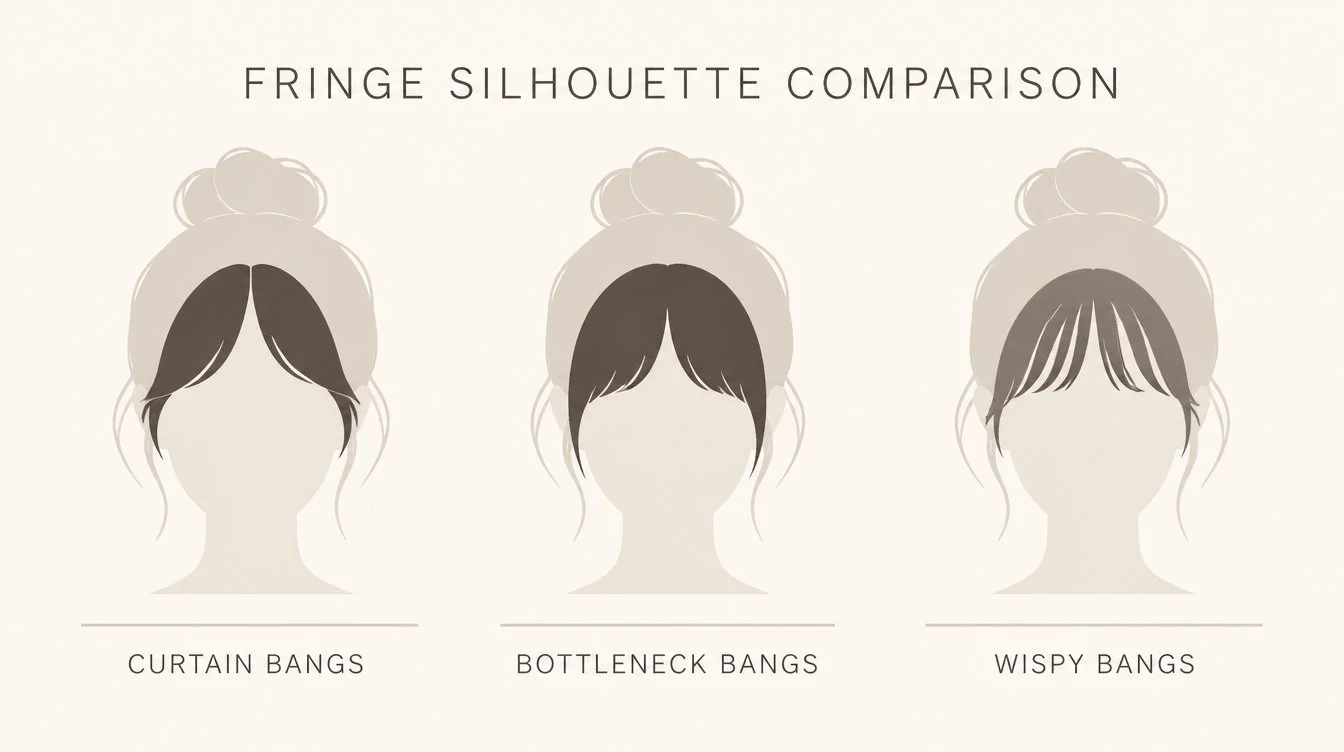 Flat editorial infographic comparing three fringe silhouettes side by side, curtain bangs, bottleneck bangs, and wispy bangs, with the bang shape highlighted in dark brown on simplified head outlines