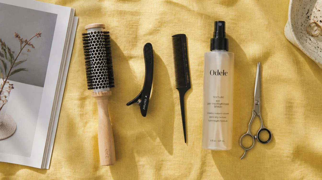 Overhead flat-lay of styling tools for bottleneck bangs including a small round brush, sectioning clip, fine-tooth comb, lightweight texturising spray, and shears on a butter-yellow linen backdrop