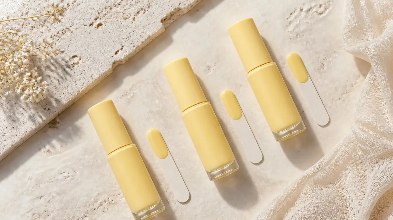 Three butter yellow nail polish bottles in a flat lay with swatch sticks beside them