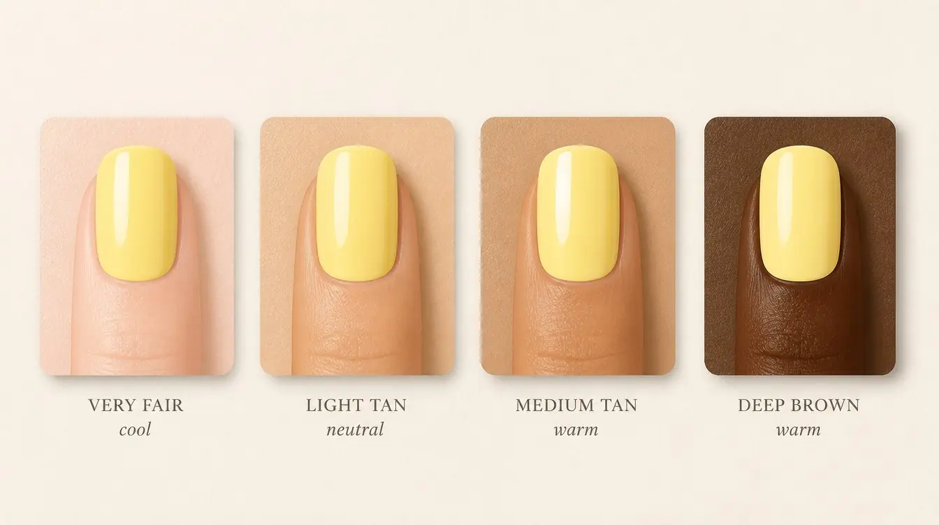 Butter yellow swatches shown on four different skin undertones for comparison